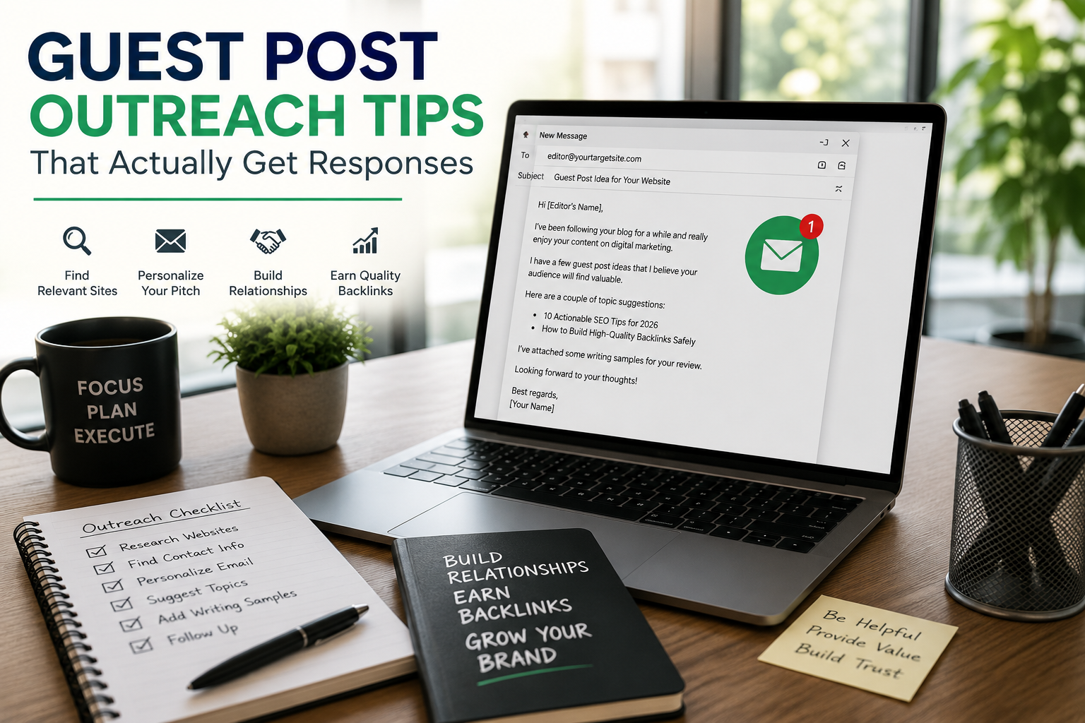 Guest Post Outreach guide showing personalized email outreach and backlink building strategy