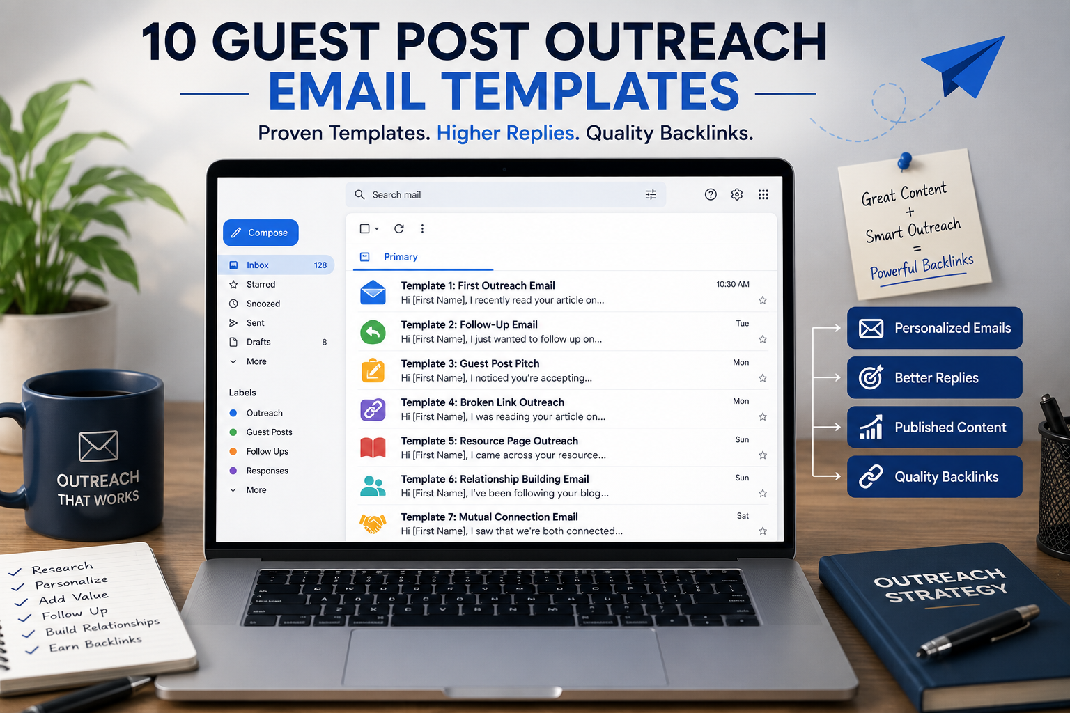 Guest post outreach email templates displayed on a laptop dashboard with personalized email examples for blogger outreach, guest posting, and high-quality backlink building