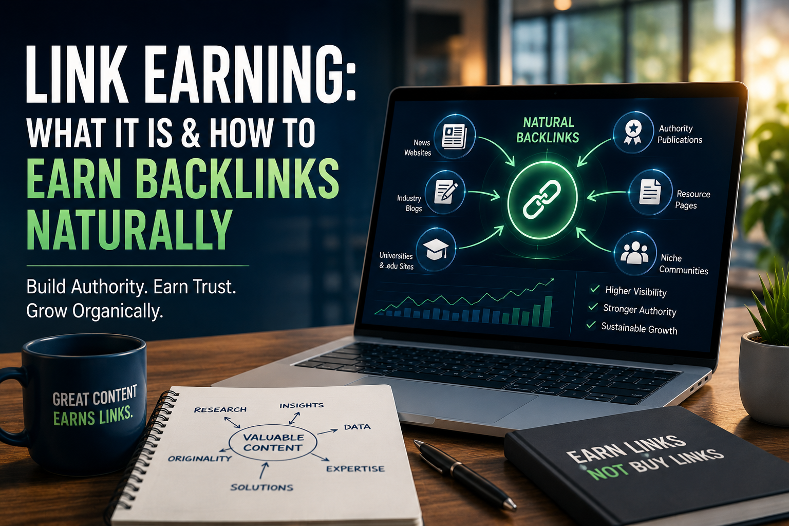 Link earning guide showing how to earn natural editorial backlinks through high-quality content and ethical SEO strategies