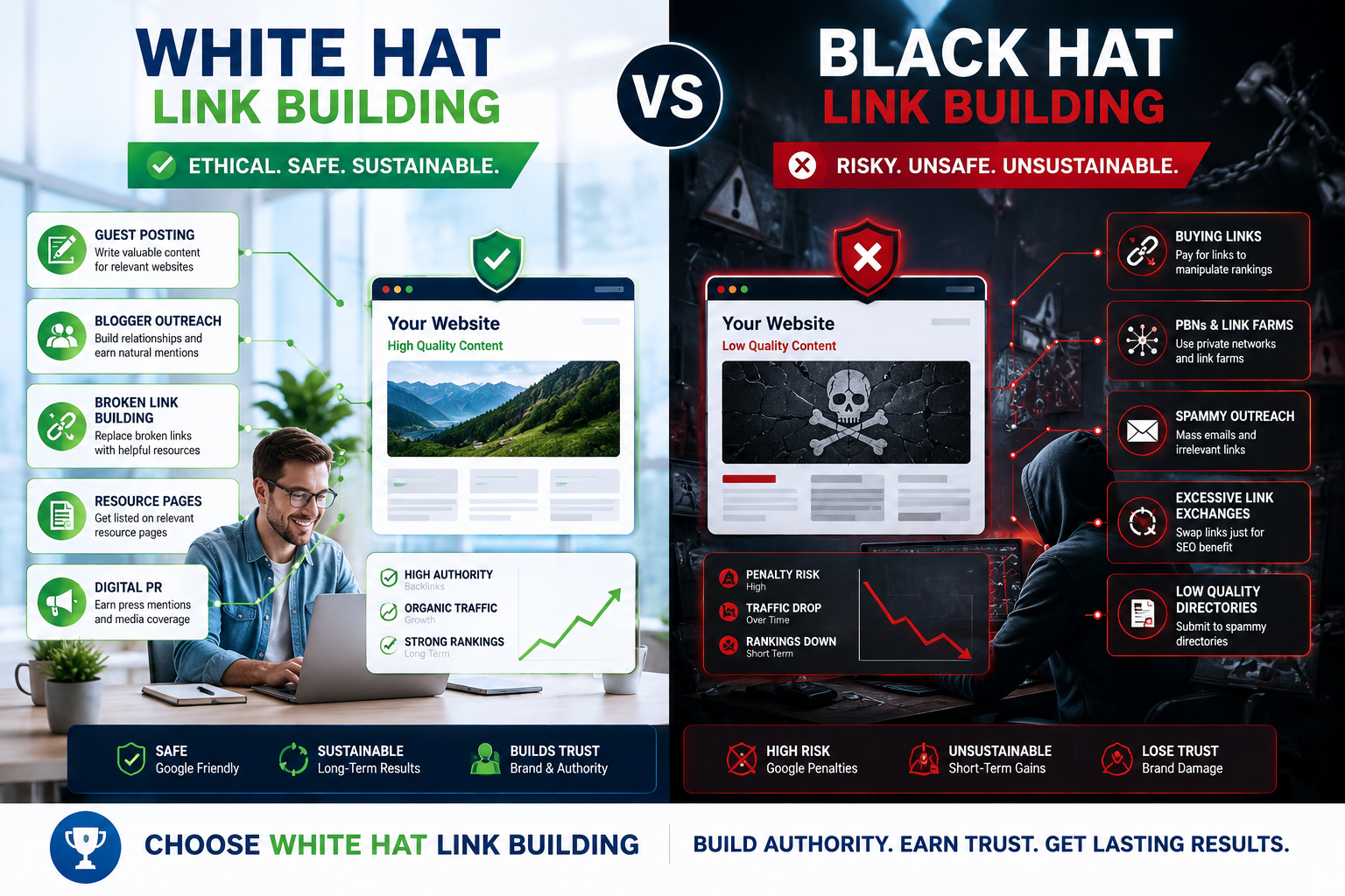 White Hat vs Black Hat Link Building comparison showing ethical backlink strategies, Google-compliant SEO practices, spammy link tactics, and long-term ranking impact.