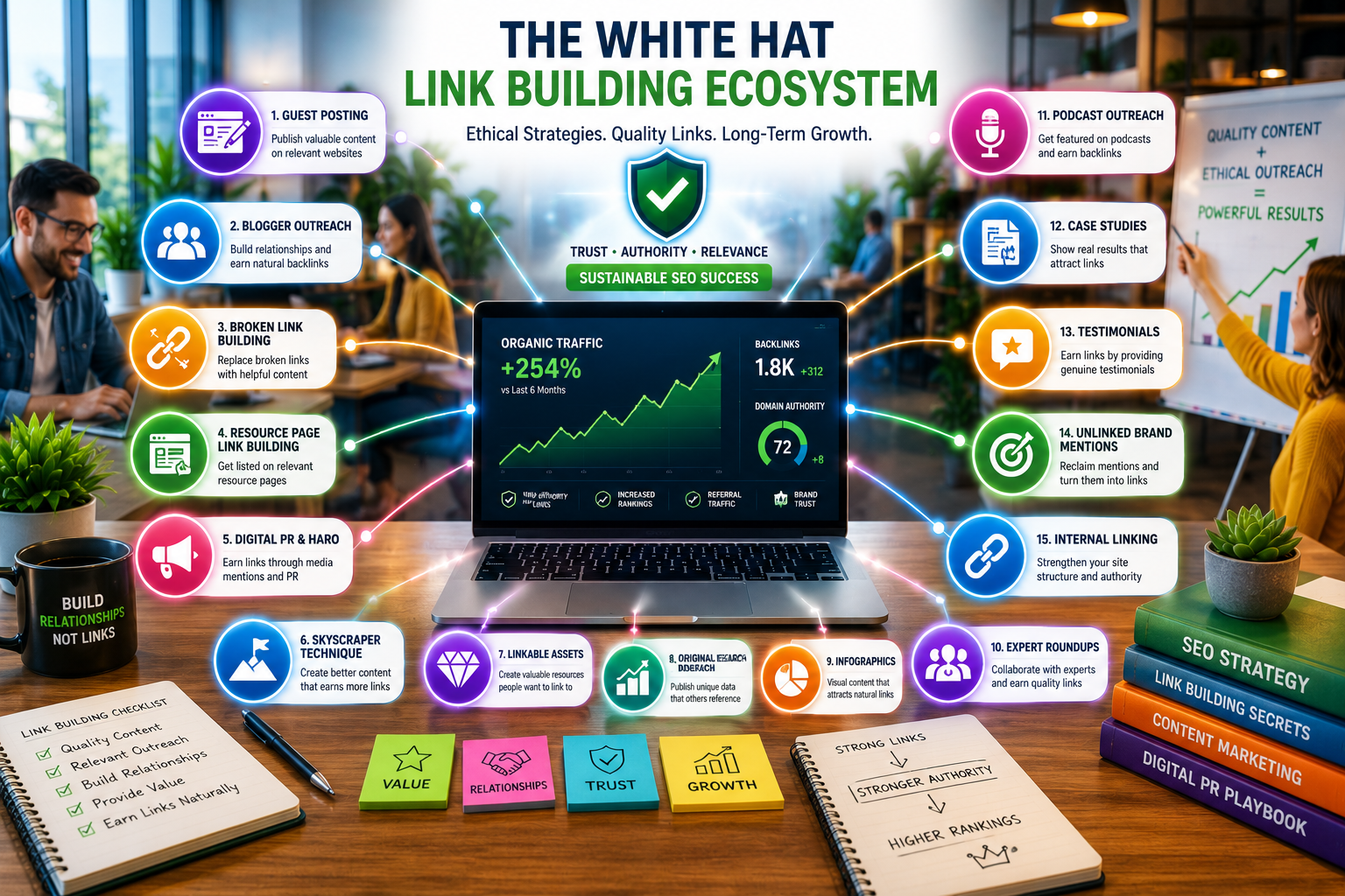 White hat link building ecosystem showing ethical backlink strategies including guest posting, digital PR, original research, podcasts, testimonials, internal linking, and sustainable SEO growth.