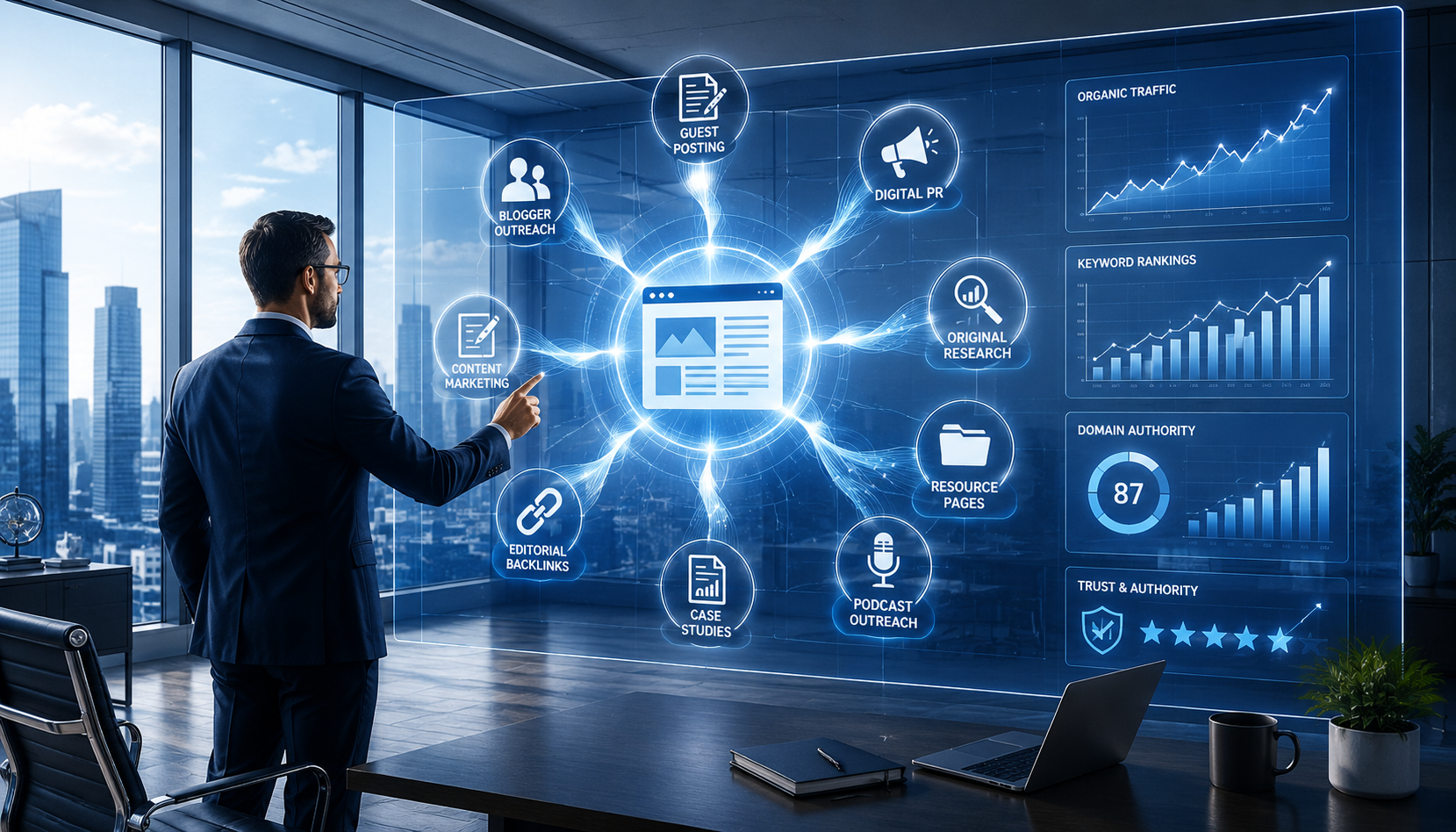 White hat link building strategy showing ethical editorial backlinks, authority websites, organic traffic growth, and professional SEO analytics dashboard.