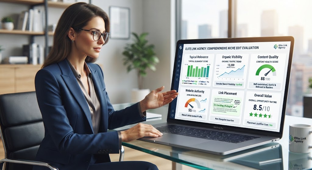 seo professional evaluating a niche edit placement for website quality, organic traffic, relevance, and link placement