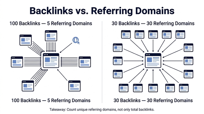 Backlinks vs referring domains comparison showing unique linking websites