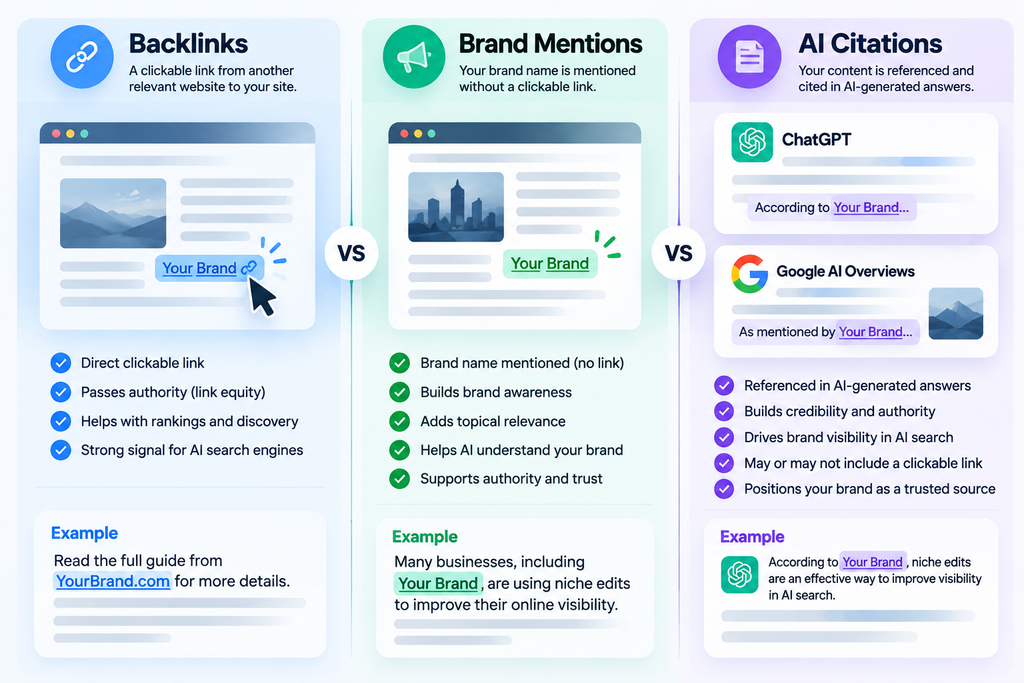 Backlinks vs brand mentions vs AI citations showing how each can support authority, relevance and visibility in AI search