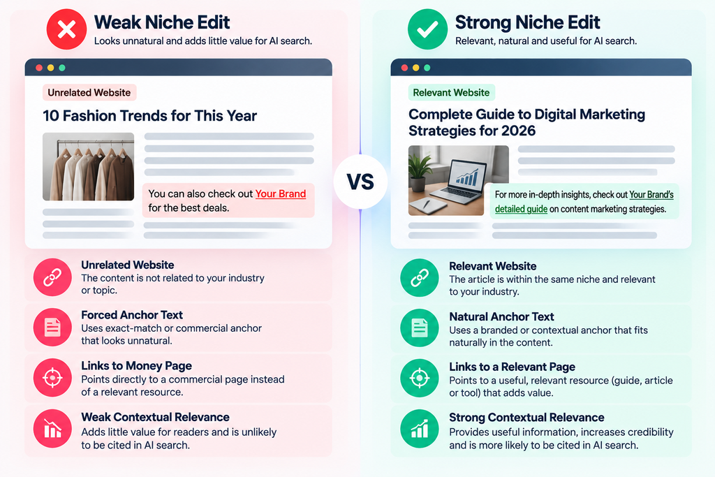 Weak vs strong niche edits for AI search comparing website relevance, anchor text, destination pages, and contextual relevance