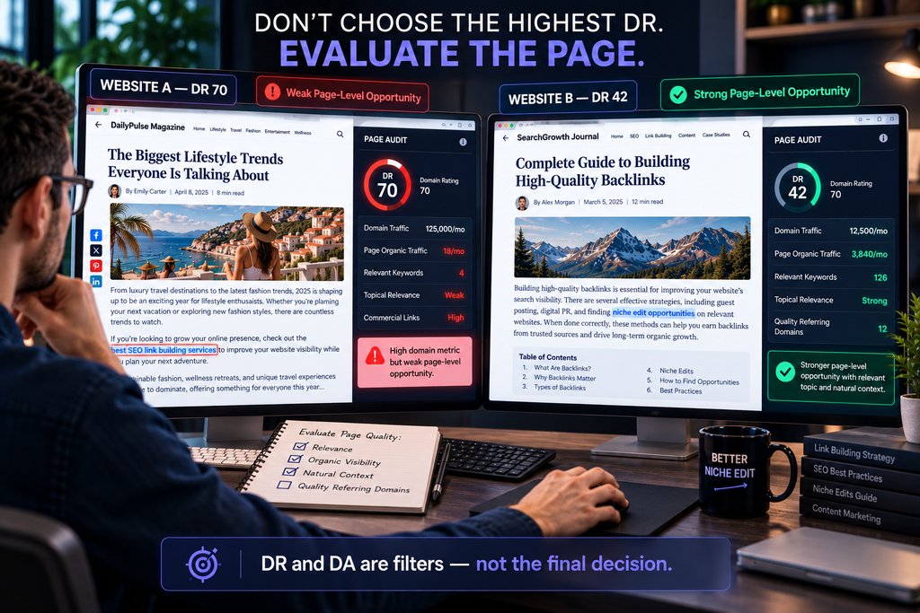 Do Niche Edits Work? A Practical Guide to Results, Risks & Best Practices DR 70 vs DR 42 niche edit comparison showing why page quality matters