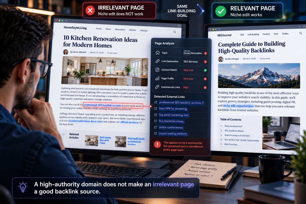 Do Niche Edits Work? A Practical Guide to Results, Risks & Best Practices Relevant vs irrelevant niche edit backlink placement